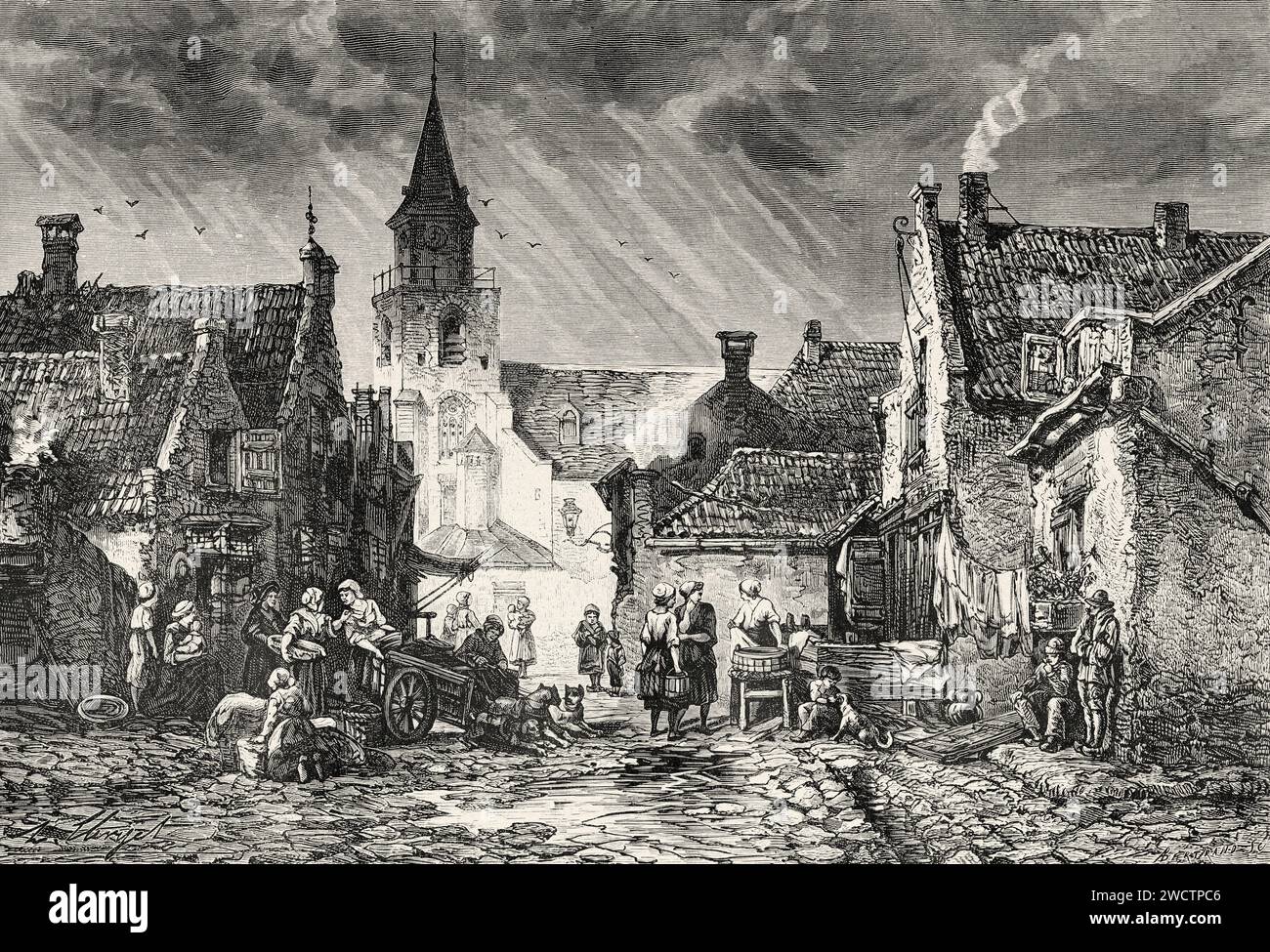 A street in the old town of Scheveningen, Holland. Europe. Netherlands 1878 by Charles de Coster (1827 - 1879) Old 19th century engraving from Le Tour du Monde 1880 Stock Photo