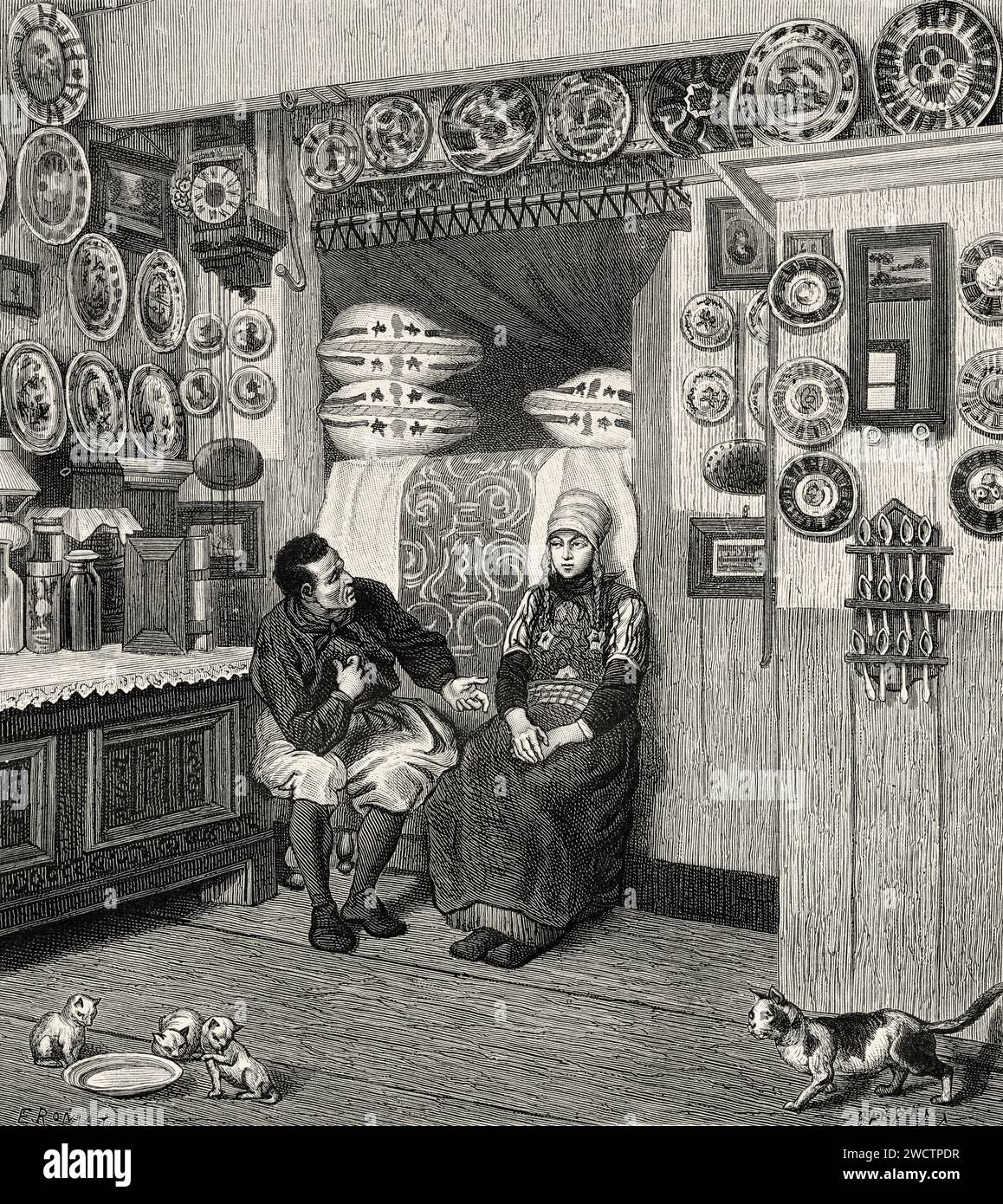 Man and woman inside a traditional house in Marken, Zuiderzee , Holland. Europe. Netherlands 1878 by Charles de Coster (1827 - 1879) Old 19th century engraving from Le Tour du Monde 1880 Stock Photo