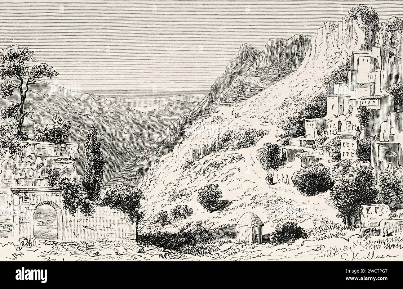 The Belen Pass, known in antiquity as the Syrian Gates is a pass through the Nur Mountains located in the Belen District of Hatay Province in south-central Turkey. Travel to Syria 1875-1878 by Charles Louis Lortet (1836 - 1909) Old 19th century engraving from Le Tour du Monde 1880 Stock Photo