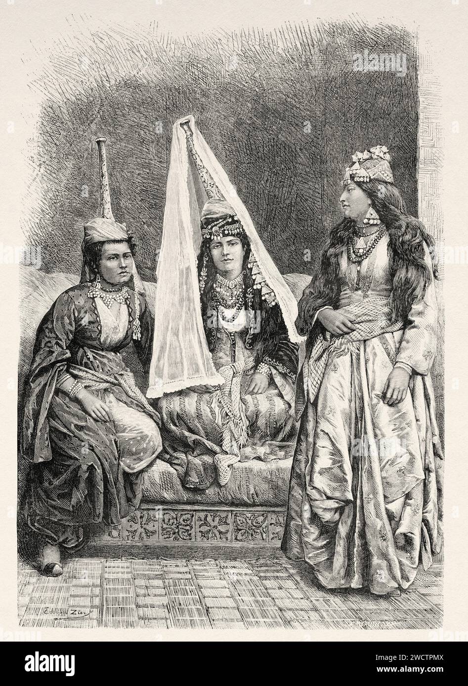 The traditional vertigious tantour hat of a married Druze, Lebanon. Travel to Syria 1875-1878 by Charles Louis Lortet (1836 - 1909) Old 19th century engraving from Le Tour du Monde 1880 Stock Photo