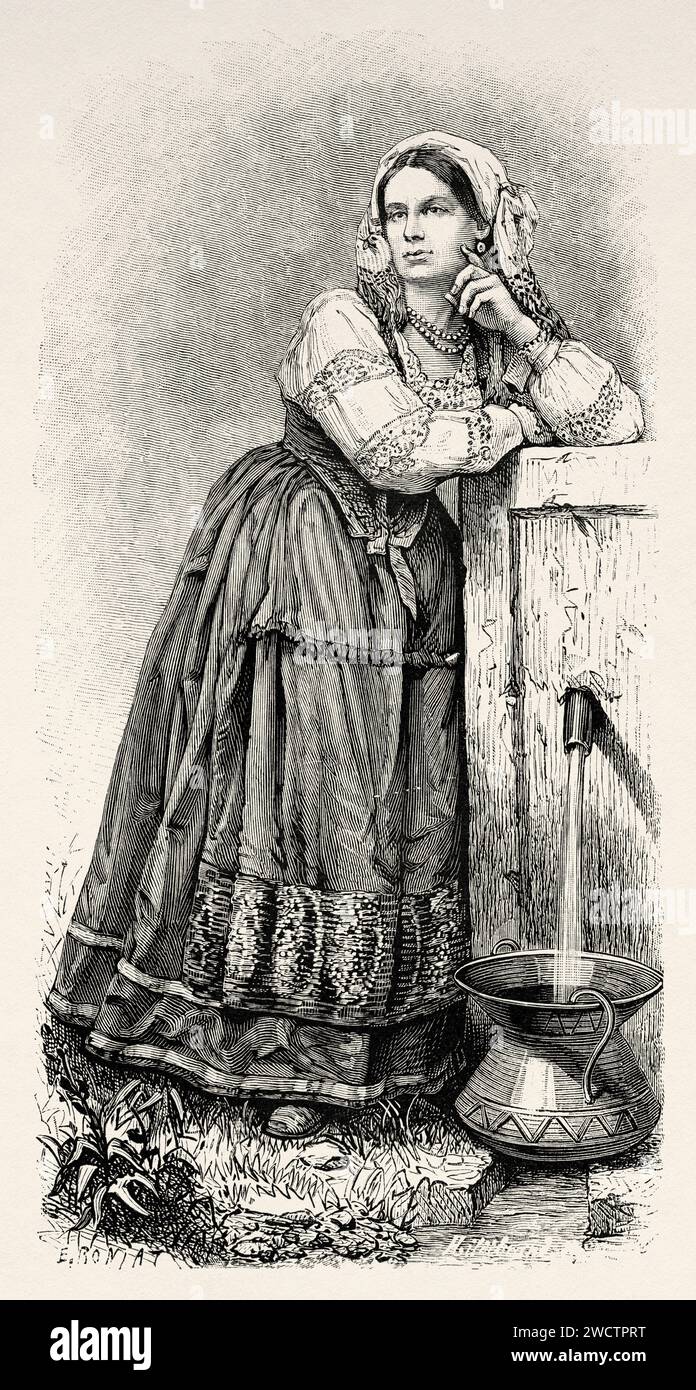 Country woman dressed in traditional clothing of the time, Lucca. Tuscany, Central Italy. Europe. Small Towns and Great Art in Tuscany by Henri Belle (1837–1890) Old 19th century engraving from Le Tour du Monde 1880 Stock Photo