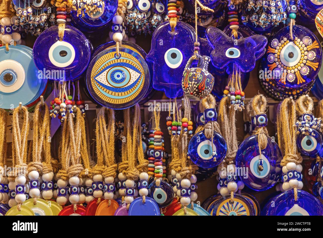 Istanbul, Turkey - October 19, 2023: Nazar Amulet Eye Pendants Lucky Charms for Sale at Grand Bazaar. Stock Photo