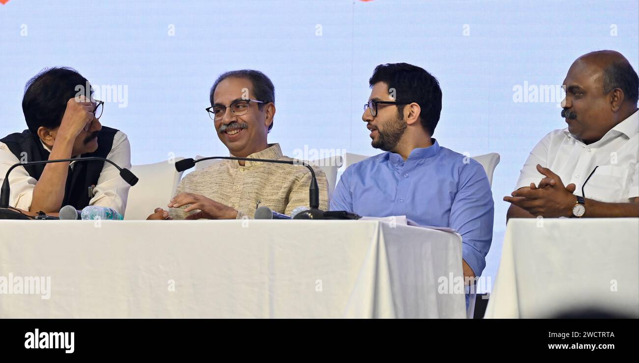 MUMBAI, INDIA - JANUARY 16: Sanjay Raut, Uddhav Thackeray, Aditya Thackeray and Anil Parab, during 'Janta Nyayala' discussing the decision given by speaker Rahul Narvekar, at NSCI Dome, Worli  on January 16, 2024 in Mumbai, India. Taking the fight against the Shinde-BJP government to the public, the Shiv Sena (UBT) chief exhibited proofs like documents from the Election Commission of India (EC) and videos of his appointment as party chief. While expressing hope of justice from the Supreme Court, he also dared the Shinde-Fadnavis government to face elections before the SC verdict. (Photo by Ans Stock Photo