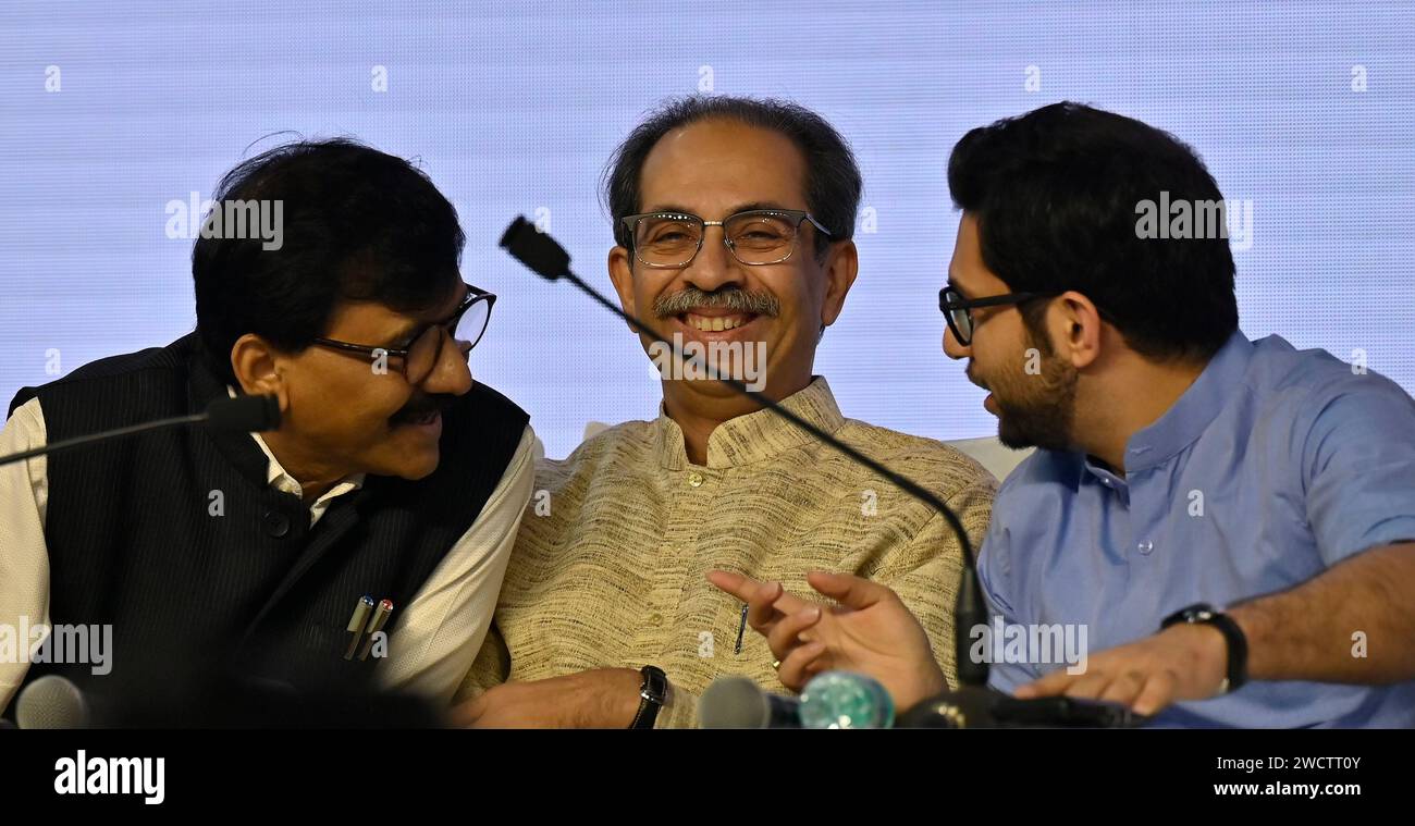 MUMBAI, INDIA - JANUARY 16: Sanjay Raut, Uddhav Thackeray and Aditya Thackeray during 'Janta Nyayala' discussing the decision given by speaker Rahul Narvekar, at NSCI Dome, Worli on January 16, 2024 in Mumbai, India. Taking the fight against the Shinde-BJP government to the public, the Shiv Sena (UBT) chief exhibited proofs like documents from the Election Commission of India (EC) and videos of his appointment as party chief. While expressing hope of justice from the Supreme Court, he also dared the Shinde-Fadnavis government to face elections before the SC verdict. (Photo by Anshuman Poyreka Stock Photo