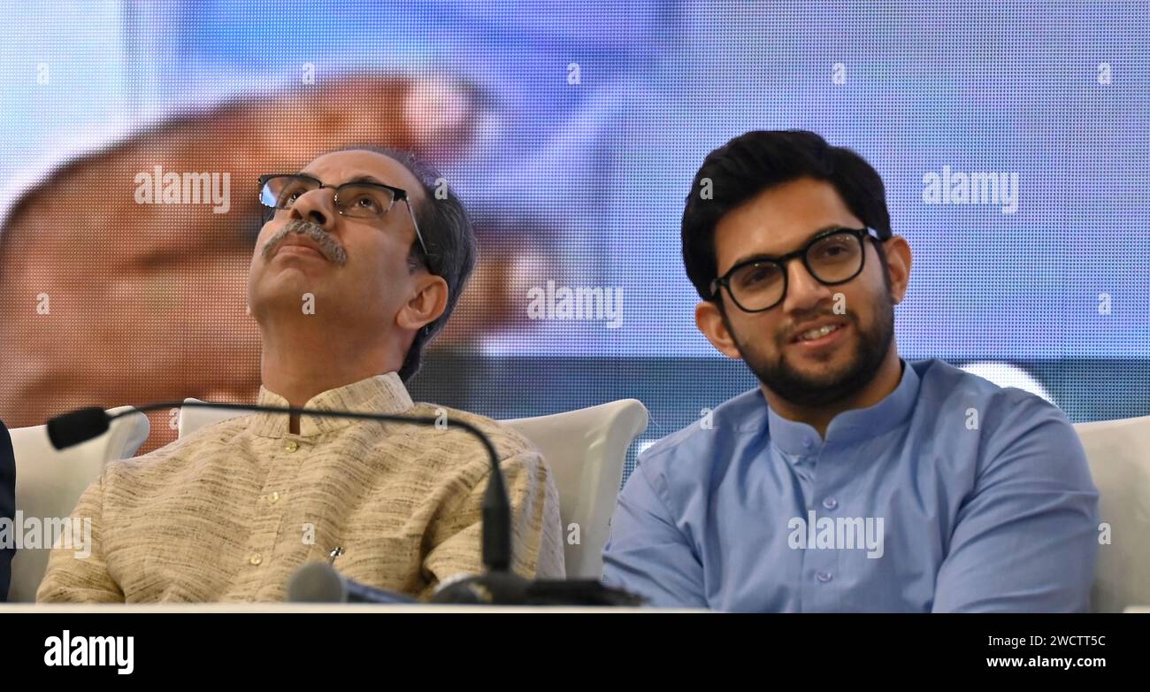 MUMBAI, INDIA - JANUARY 16:, Uddhav Thackeray and Aditya Thackeray, during 'Janta Nyayala' discussing the decision given by speaker Rahul Narvekar, at NSCI Dome, Worli on January 16, 2024 in Mumbai, India. Taking the fight against the Shinde-BJP government to the public, the Shiv Sena (UBT) chief exhibited proofs like documents from the Election Commission of India (EC) and videos of his appointment as party chief. While expressing hope of justice from the Supreme Court, he also dared the Shinde-Fadnavis government to face elections before the SC verdict. (Photo by Anshuman Poyrekar/Hindusta Stock Photo