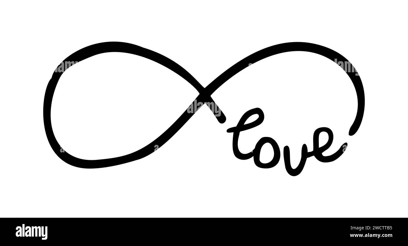 Infinity symbol with word love. Icon hand drawn with ink brush. Modern doodle outline. Endless love, wedding, engagement concept. Graphic design eleme Stock Vector