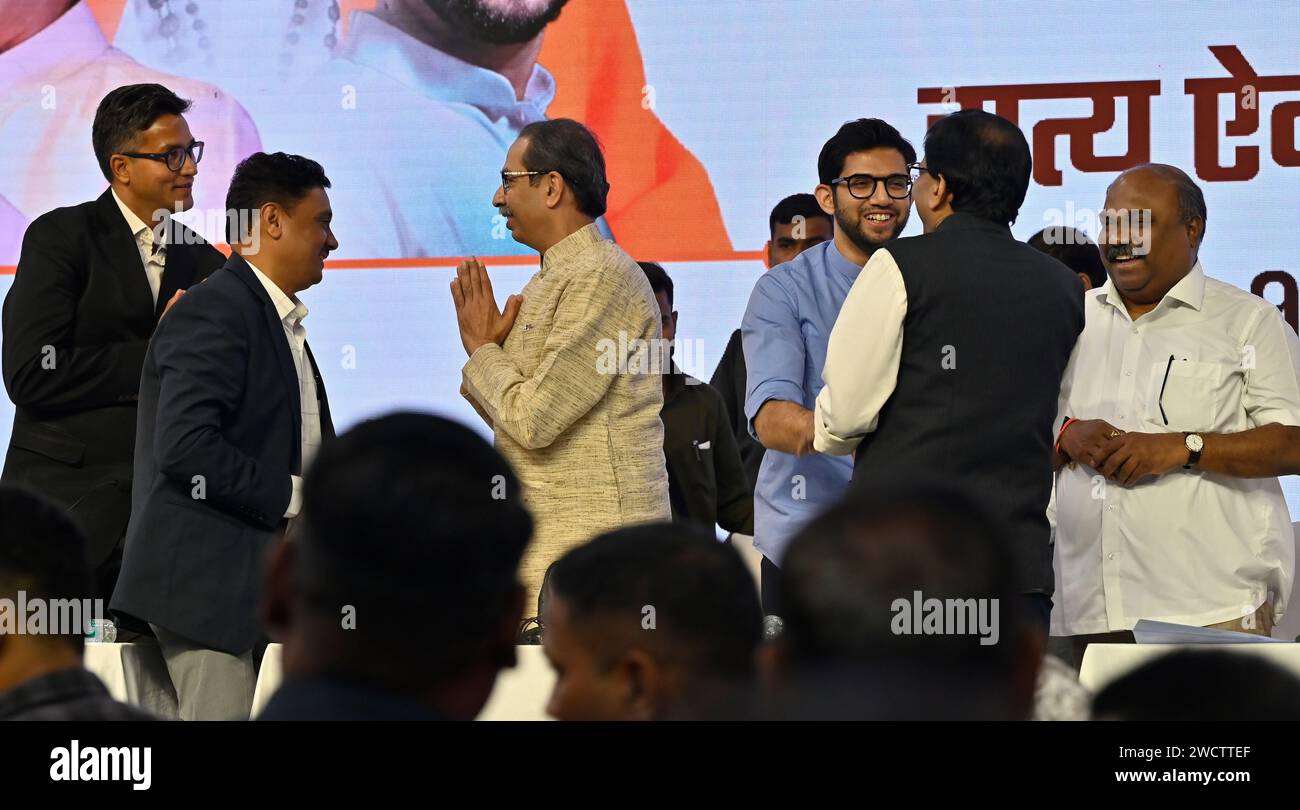 MUMBAI, INDIA - JANUARY 16: Adv. Rohit Sharma along with Adv Asim Sarode interacts with Uddhav Thackeray while Aditya Thackeray interacts with Sanjay Raut and Anil Parab, during 'Janta Nyayala' discussing the decision given by speaker Rahul Narvekar, at NSCI Dome, Worli on January 16, 2024 in Mumbai, India. Taking the fight against the Shinde-BJP government to the public, the Shiv Sena (UBT) chief exhibited proofs like documents from the Election Commission of India (EC) and videos of his appointment as party chief. While expressing hope of justice from the Supreme Court, he also dared the S Stock Photo