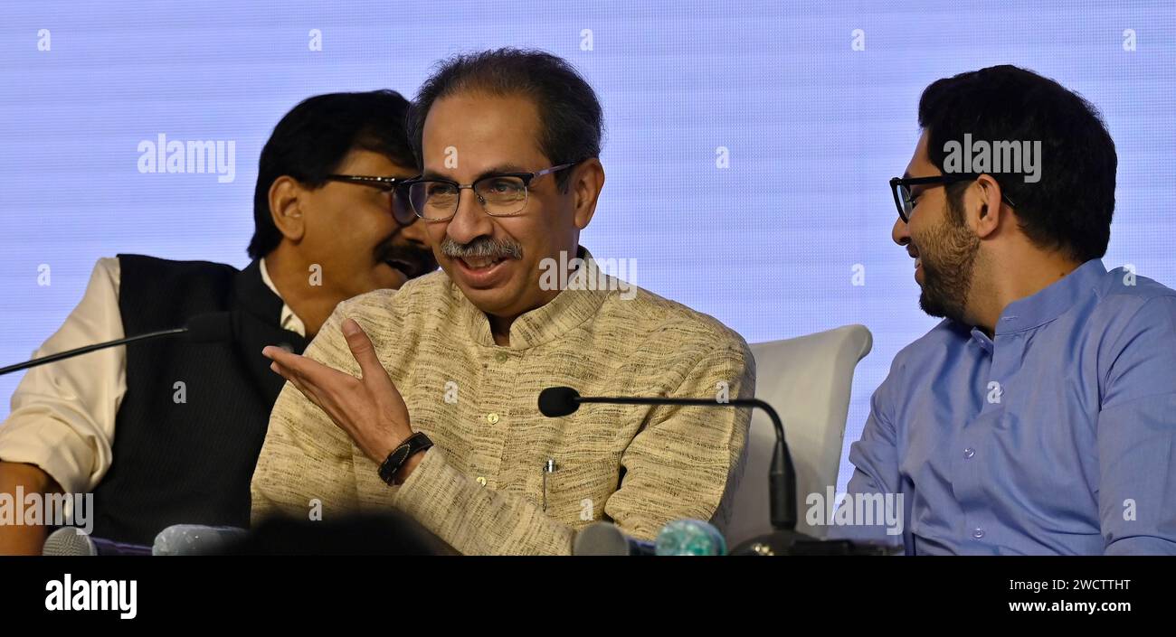 MUMBAI, INDIA - JANUARY 16: Sanjay Raut, Uddhav Thackeray and Aditya Thackeray during 'Janta Nyayala' discussing the decision given by speaker Rahul Narvekar, at NSCI Dome, Worli on January 16, 2024 in Mumbai, India. Taking the fight against the Shinde-BJP government to the public, the Shiv Sena (UBT) chief exhibited proofs like documents from the Election Commission of India (EC) and videos of his appointment as party chief. While expressing hope of justice from the Supreme Court, he also dared the Shinde-Fadnavis government to face elections before the SC verdict. (Photo by Anshuman Poyreka Stock Photo