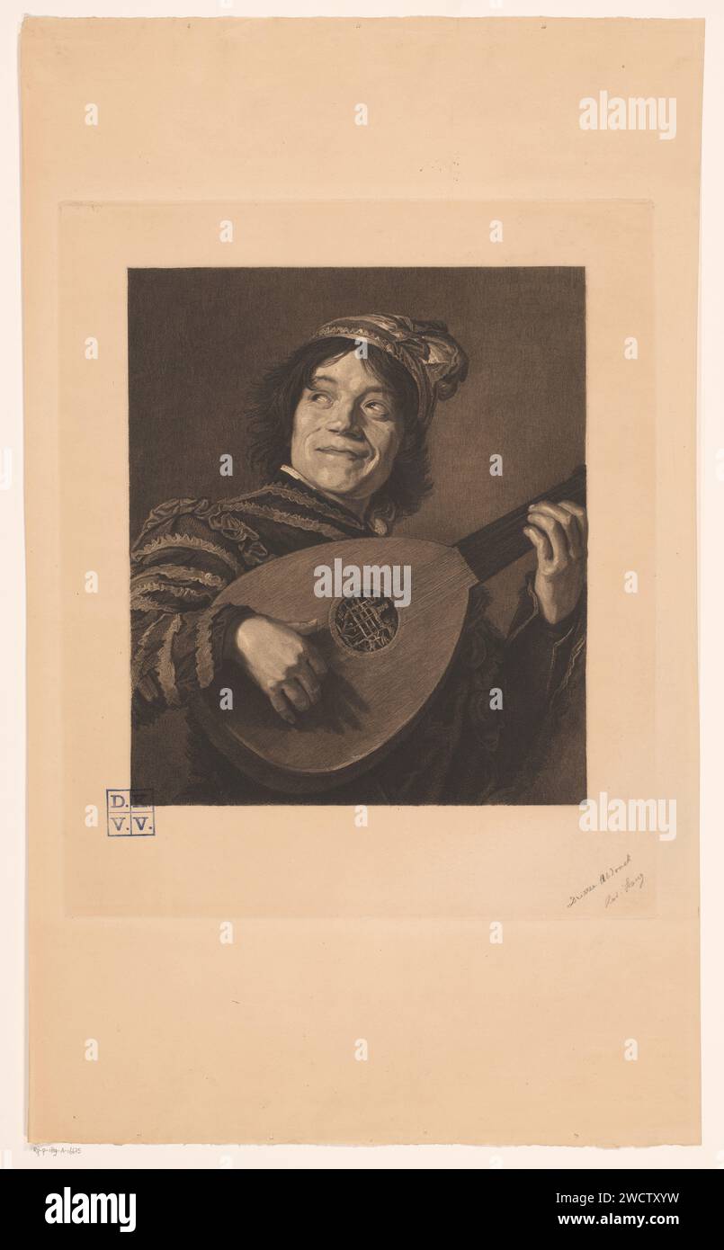 Luitspeler, Rudolf Stang, after Frans Hals, 1841 - 1891 print   paper etching court jester, court fool. lute, and special forms of lute, e.g.: theorbo Stock Photo