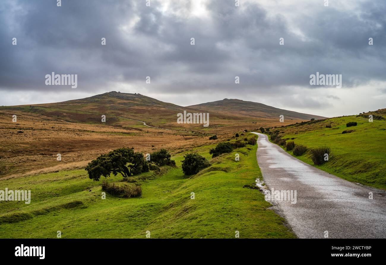 West Mill Tor (l), and Yes Tor (r) seen from the military road near Okehampon Camp, Dartmoor National Park, Devon, UK. Stock Photo