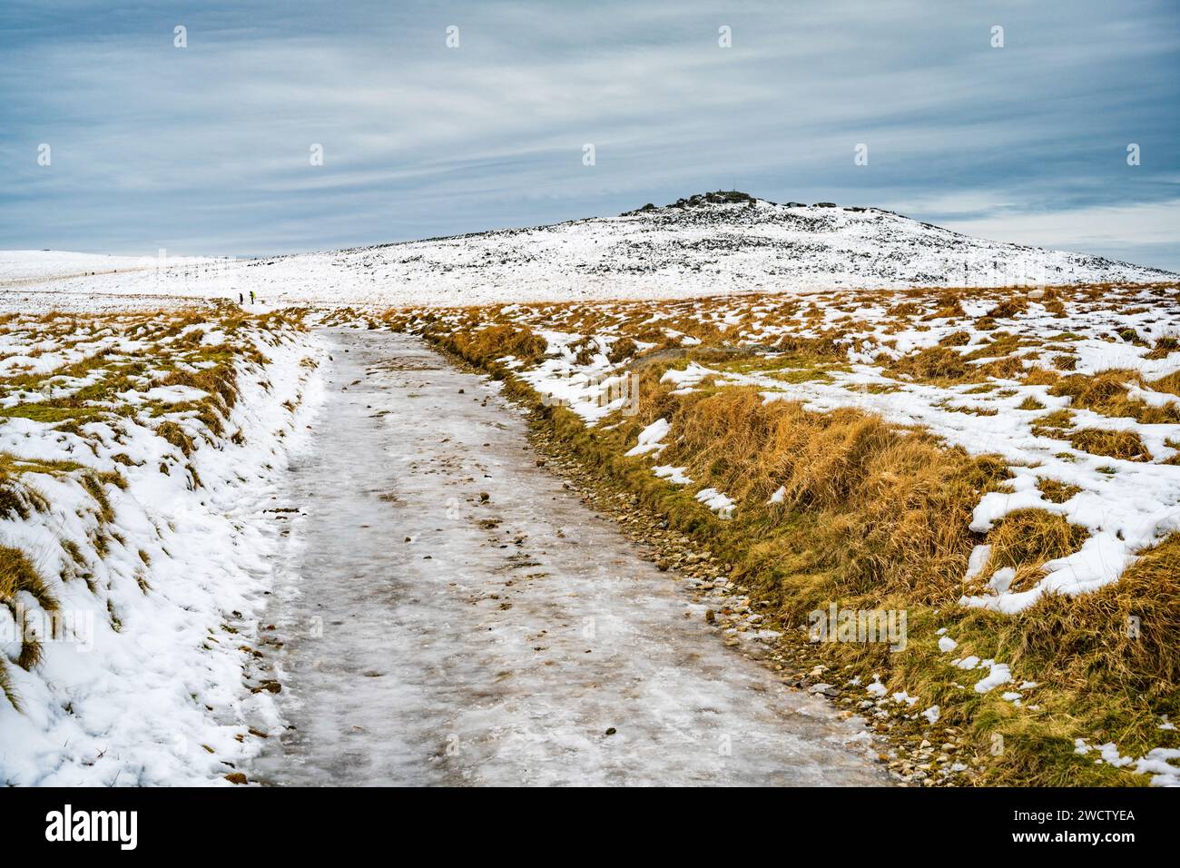 Wintery Dartmoor landscape looking up towards Yes Tor from the military road, Dartmoor National Park, Devon, UK. Stock Photo