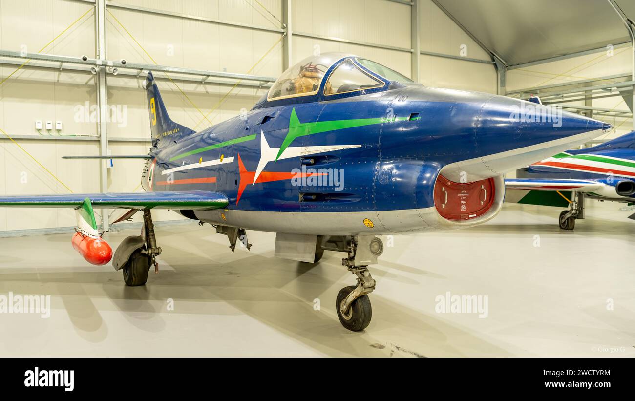 Blue air jet fighter in exhibition at Italian Airforce Museum Stock Photo