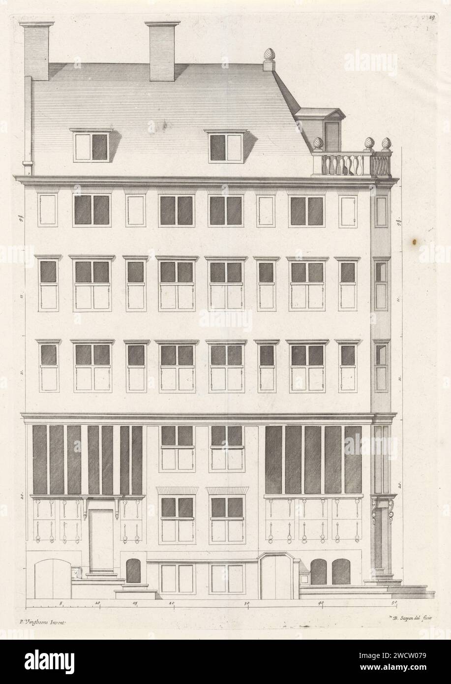 Facade of a house in Amsterdam, Bastiaen Stopendael, after Philips VinckBoons (II), 1674 print Facade along the tide canal, now Prins Hendrikkade, built by order of Maarten Fransz. van der Schilde in 1649-1650. This building was on the site of the current Scheepvaarthuis. The house was designed by Philips Vingboons. Amsterdam paper etching / engraving exterior  architectural design or model Amsterdam Stock Photo
