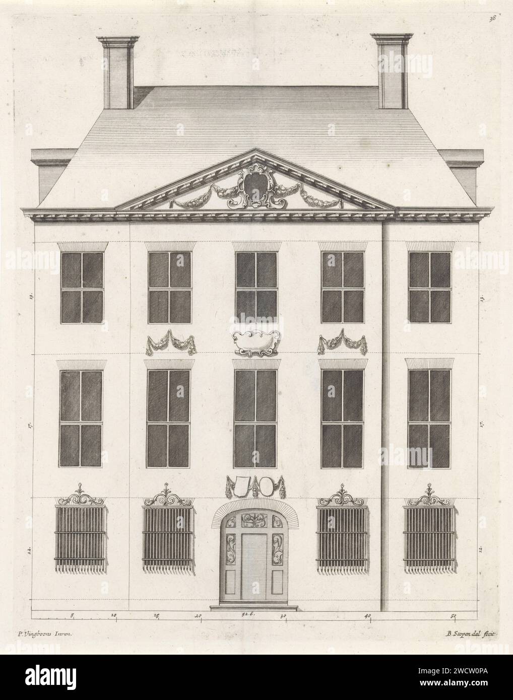 Facade of a house on Keizersgracht in Amsterdam, Bastiaen Stopendael, after Philips VinckBoons (II), 1674 print Facade of a house on Keizersgracht in Amsterdam, built on behalf of Isaak Jan Nijs in 1664-1666. The house was designed by Philips Vingboons. Amsterdam paper etching / engraving exterior  architectural design or model Amsterdam Stock Photo