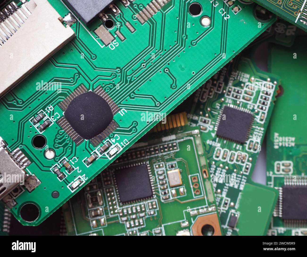 Glob top semiconductor electronic components on a circuit board. Chip on board technology (COB). Onboard microchips. Selected focus. Stock Photo