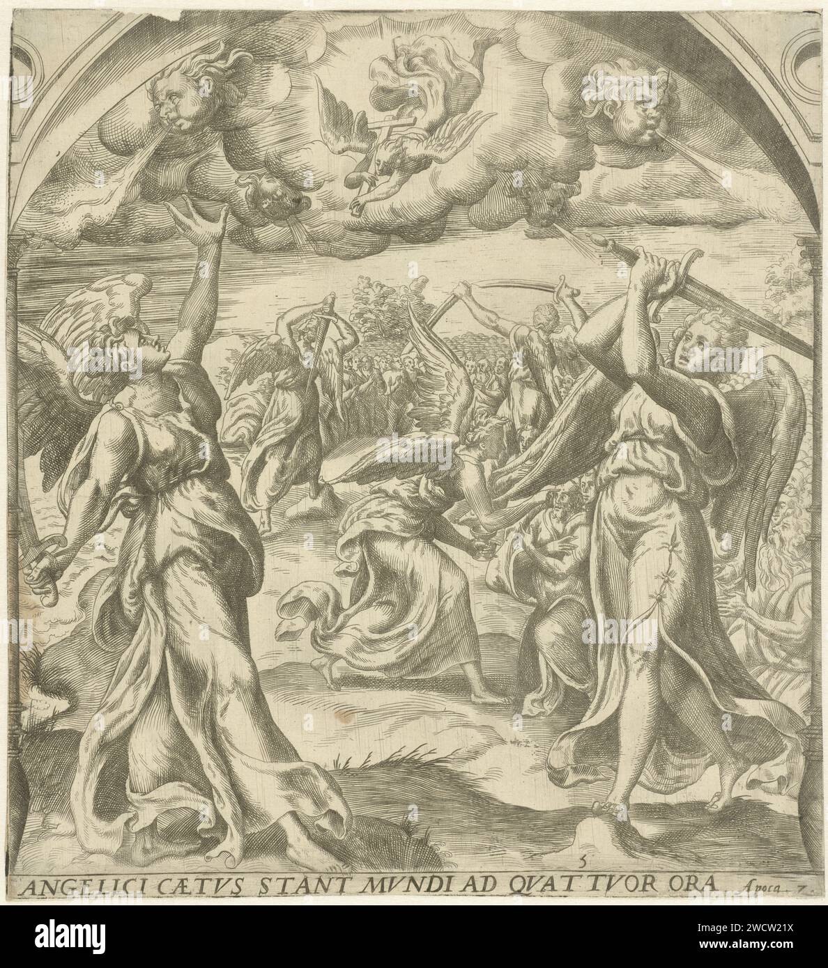 Four angels stop the four winds, Gerard van Groeningen, 1563 - 1574 print With swords, four angels control the four winds of the earth. Another angel drops with a cross from heaven. He then blesses the front heads of good Christians with the seal of the living God (op. 7: 1-8). Antwerp paper etching / engraving the four winds are restrained by four angels. sealing of the tribes of Israel, the 144-thousand Stock Photo