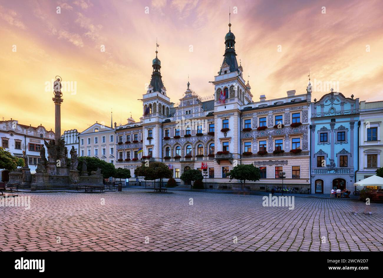 Pardubice - Czech Republic - The center of the town, square at dramatic sunset Stock Photo