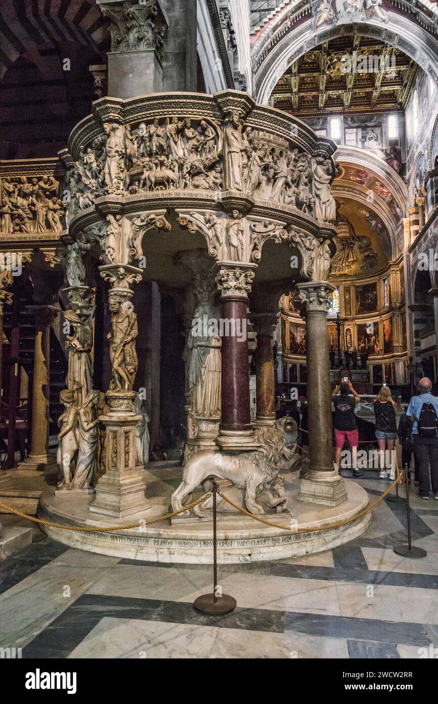 PISA, ITALY - SEPTEMBER 16, 2018: This is the pulpit of the preacher of the work of the master Giovanni Pisano (XIV century) Stock Photo