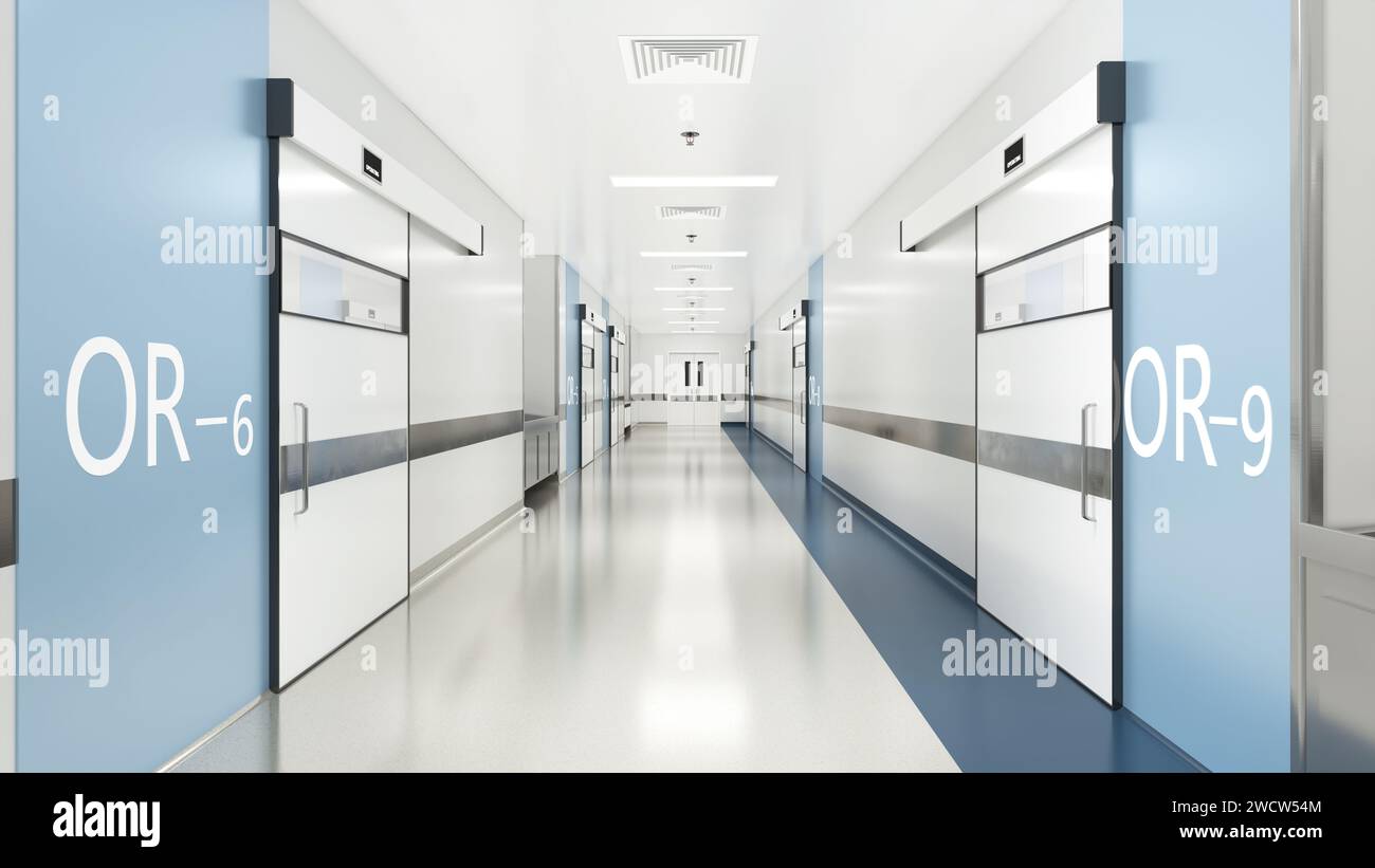 Esthetic and clean modern hospital surgery block corridor, private clinic or vet operating room with sliding doors. Stock Photo