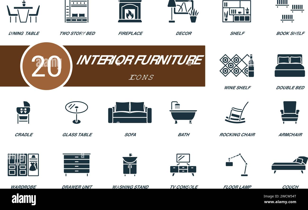 Interior furniture icons set. Creative icons: dining table, two story ...