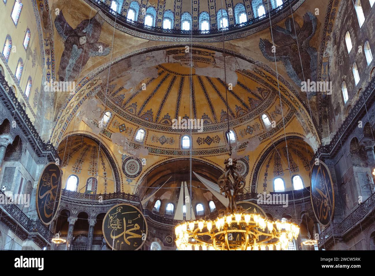 Dome and Seraph angel ceiling mosaics in Hagia Sophia Mosque, formerly an cathedral of Byzantine and Eastern Orthodox civilisation, Istanbul, Turkey Stock Photo