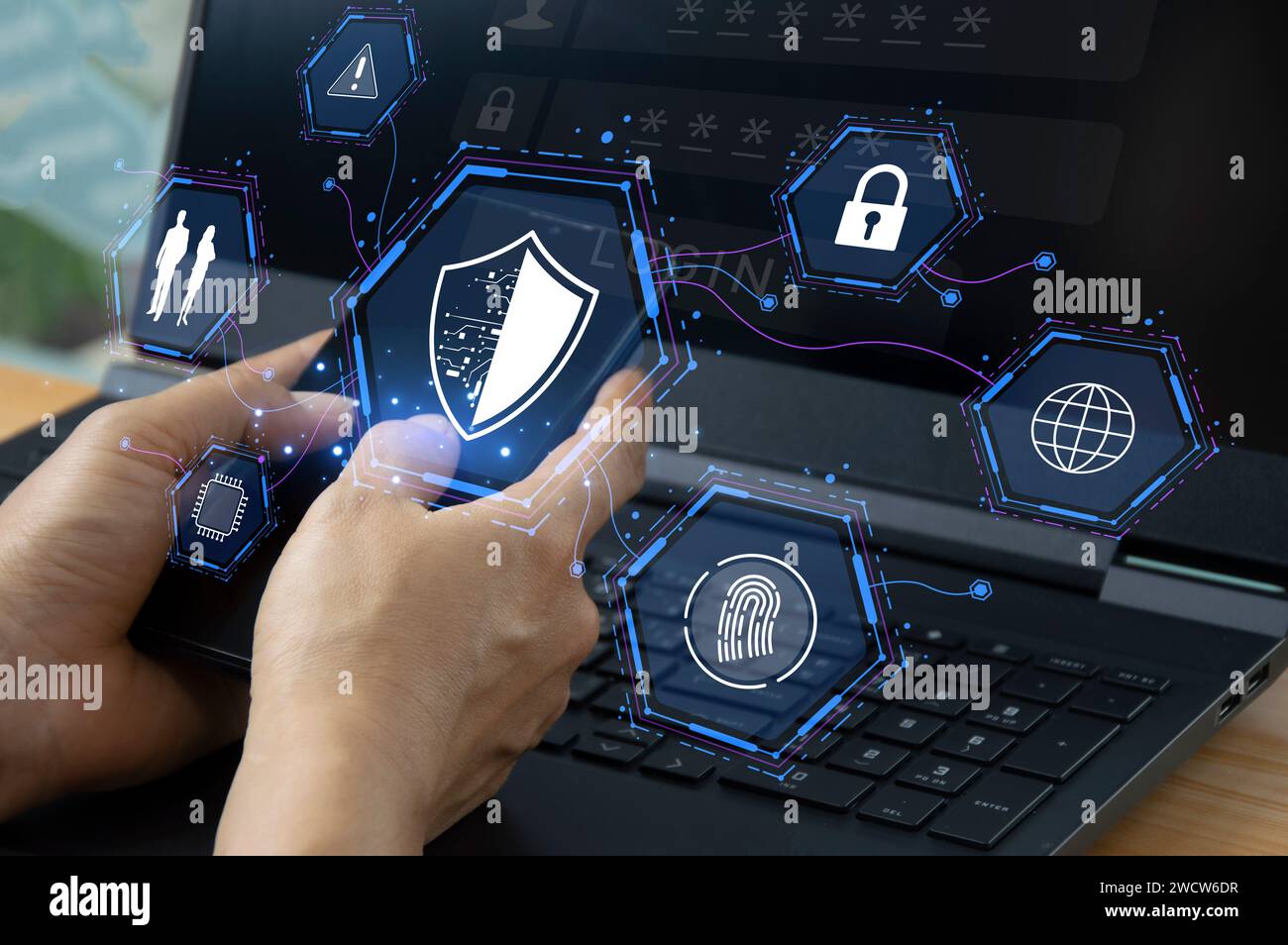 Keypad, cyber shield, lock, technology security system. Digital link. Cyber security with advanced technology. Stock Photo