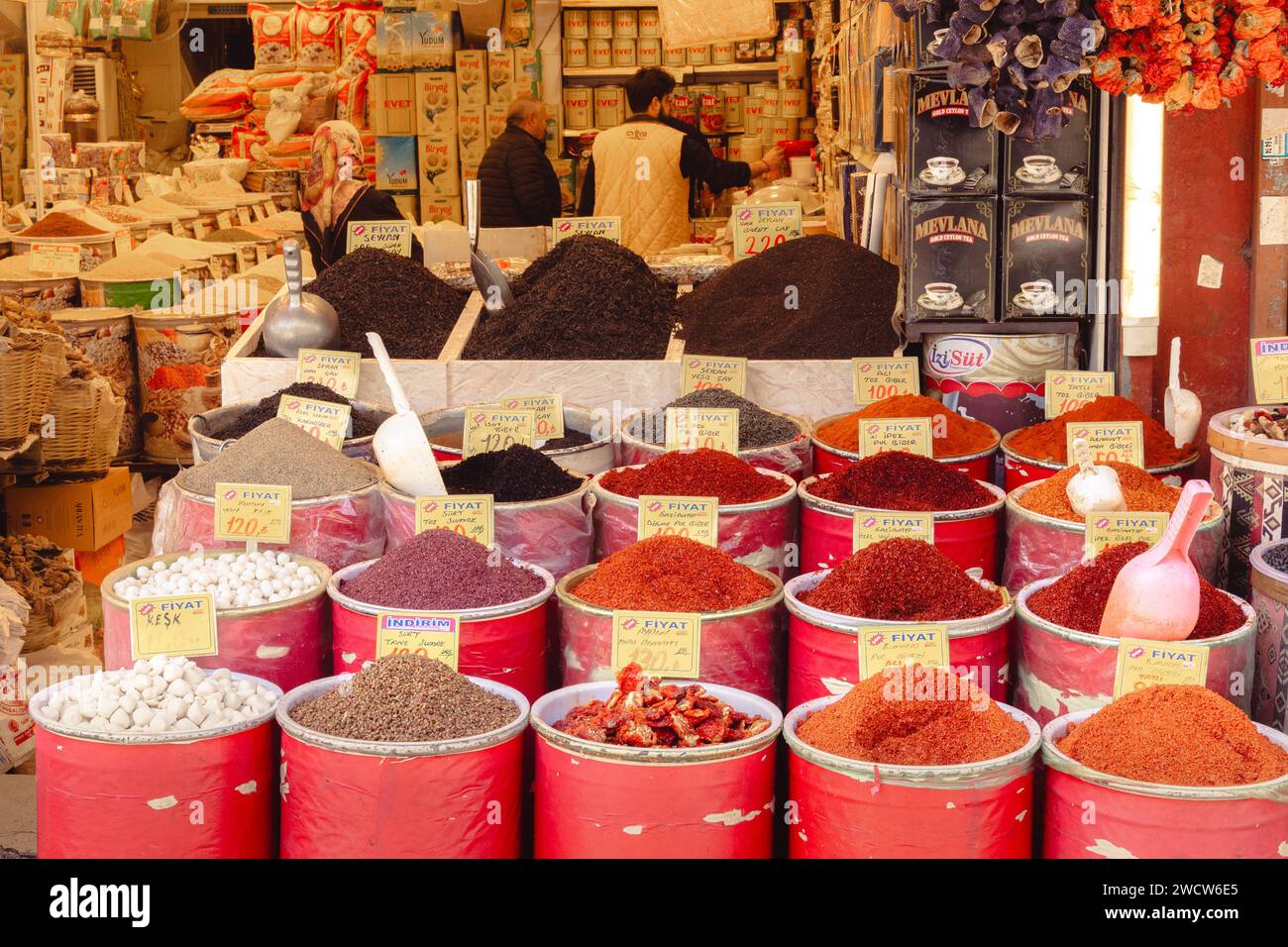 Assortment of spices in a shop in the Egyptian Bazaar, the historical spice market of Istanbul Stock Photo