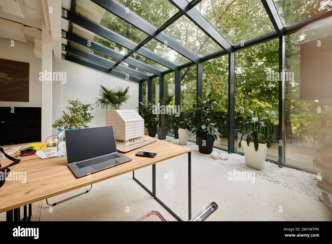 interior photo of contemporary minimalist conference room with tables ...