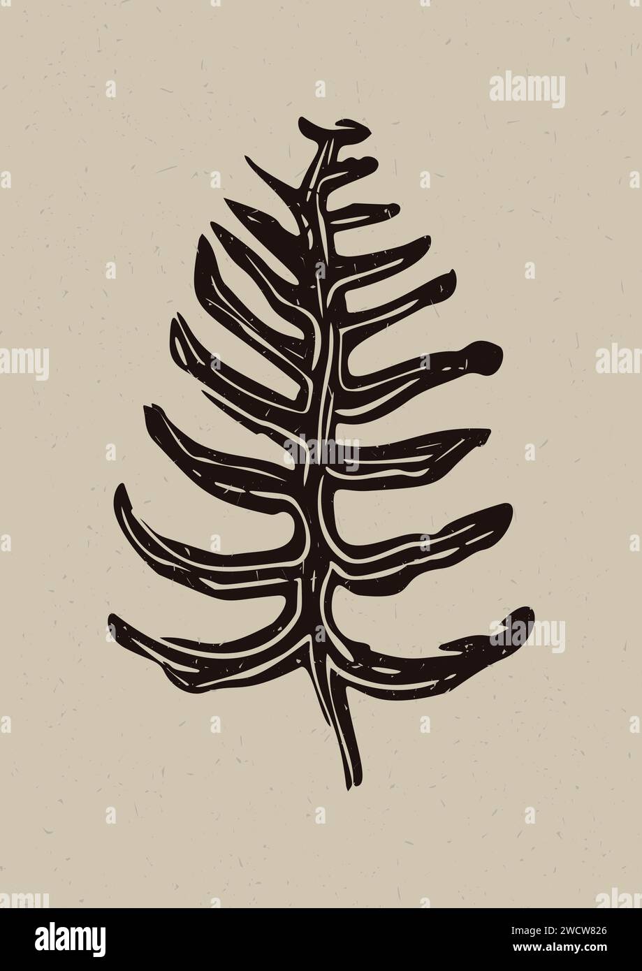 Handmade linocut fern motif clipart in folkart scandi style. Simple monochrome block print leaf