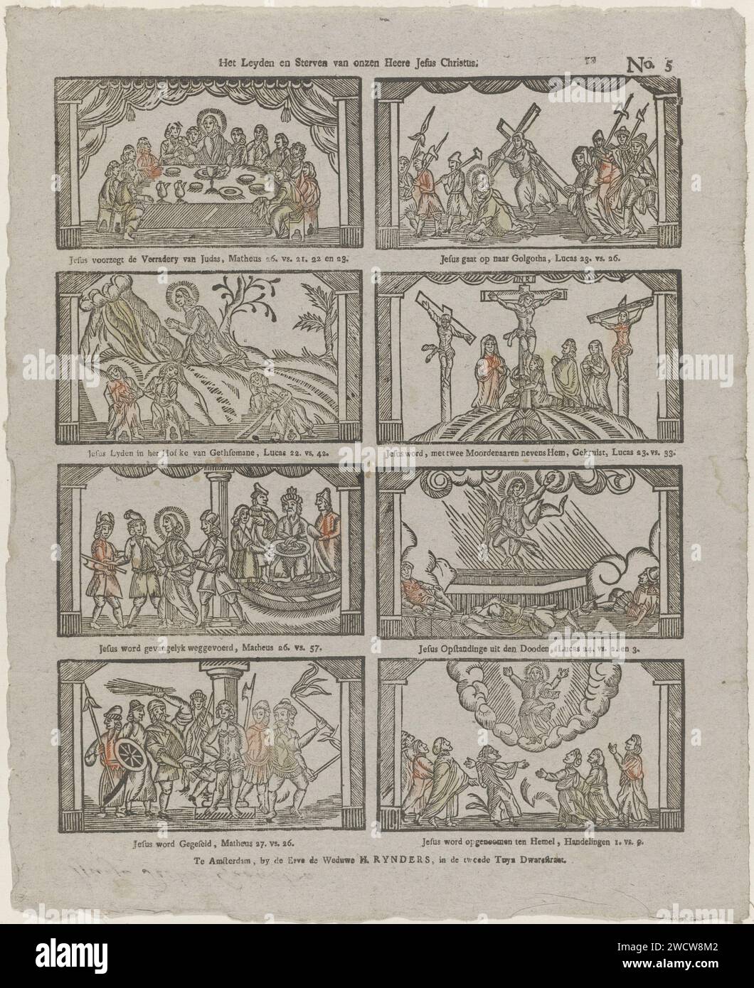 The Leyden and Dying of our Lord Jesus Christ, Erve de Wed. H. Rynders, 1795 - 1831 print Leaf with 8 performances from the passion of Christ, such as the Last Supper, the cross -support and the Ascension of Christ. Under each performance a caption and a reference to the corresponding Bible text. Numbered at the top right: No. 5. Amsterdampublisher: Amsterdamprint maker: Netherlands paper letterpress printing New Testament. series of scenes from the life of Christ. the episode of the Last Supper. Christ taken up by a cloud ~ Ascension Stock Photo