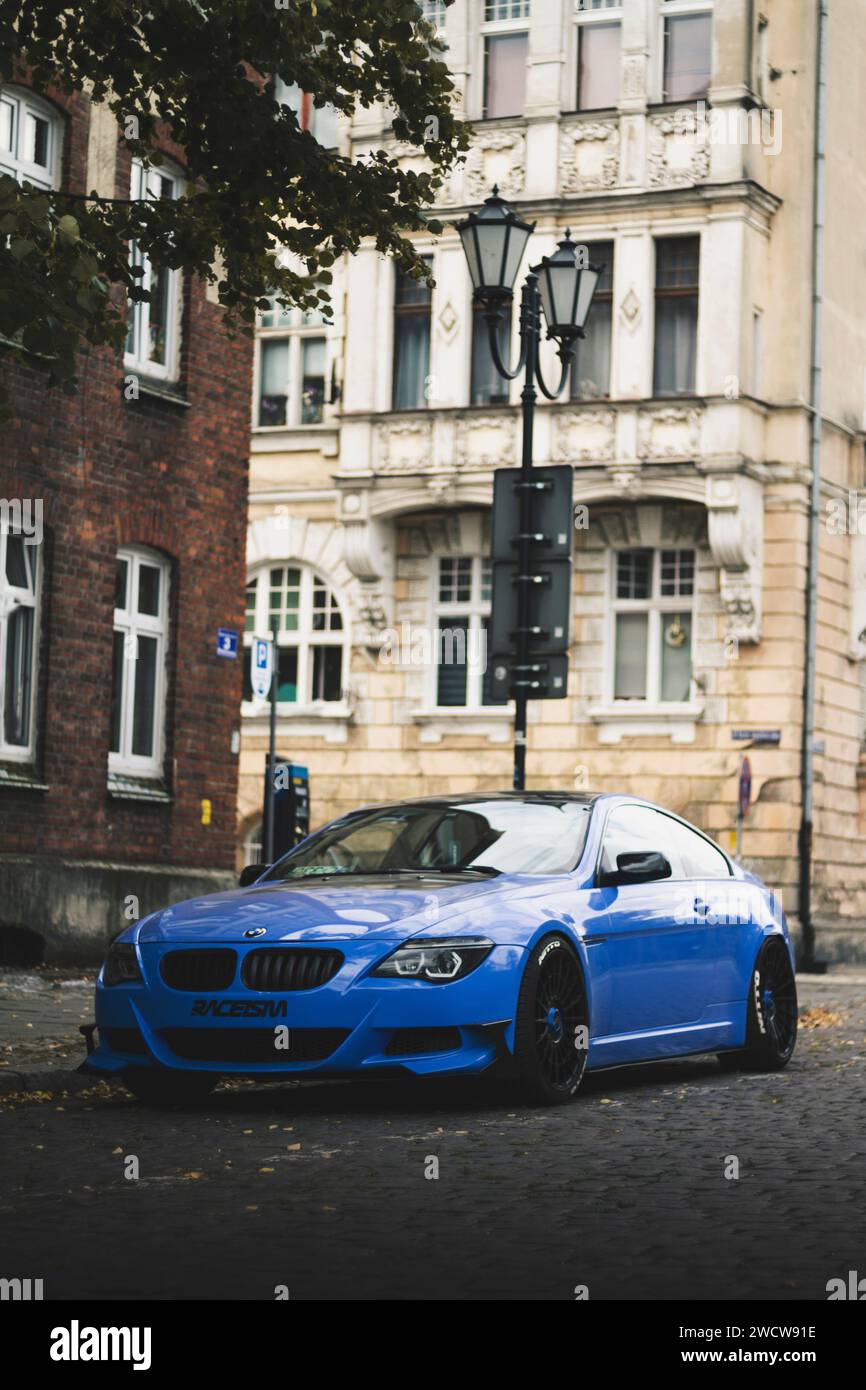 Blue Sports car parked Stock Photo