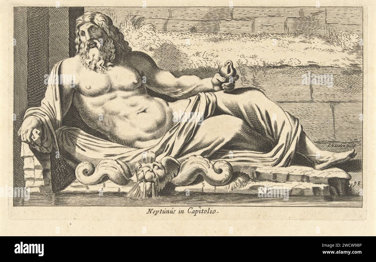 Image of Neptunus at Fontein on the Capitol in Rome, Cornelis van Dalen (I), After François Perrier, 1622 - 1665 print   paper engraving (story of) Neptune (Poseidon) Stock Photo