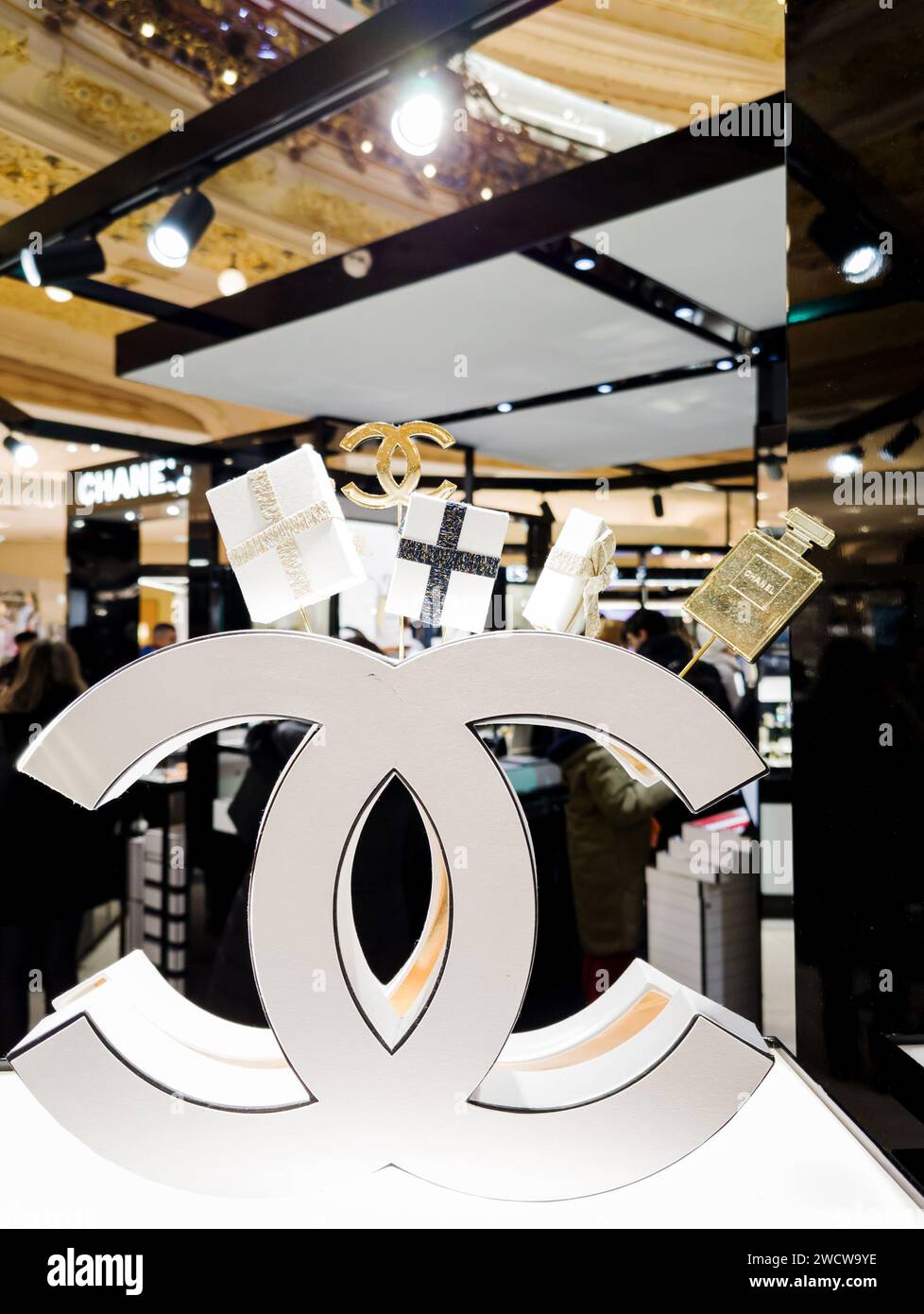 Paris, France, January 17, 2024 -  Chanel logo in front of fashion boutique.  French fashion luxury company Stock Photo