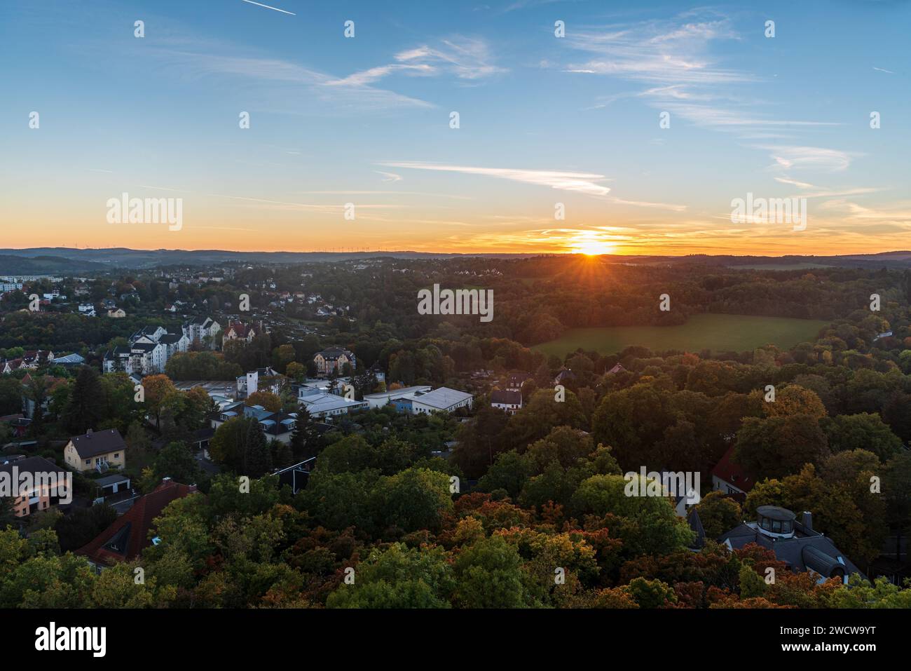 Early autumn sunset from lookout tower on Barenstein hill in Plauen city in Germa Stock Photo