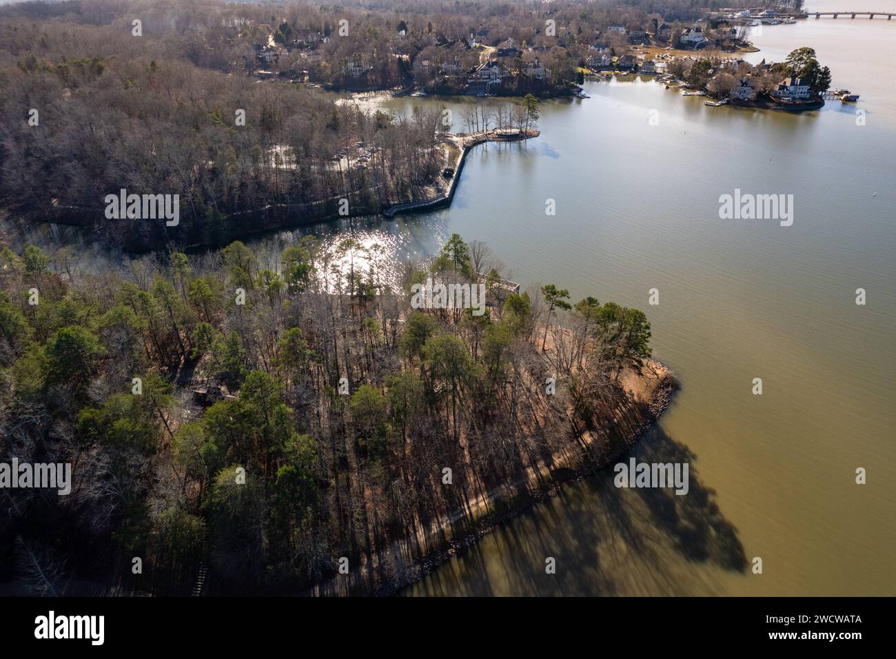 Warm afternoon sunlight over Mcdowell nature preserve and Lake Wylie in
