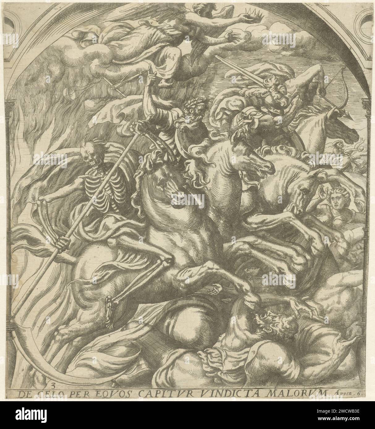 Four riders of the Apocalypse, Gerard van Groeningen, 1563 - 1574 print The four horsemen of the Apocalypse drive through the air. From the back to the front: the victor with a bow, war with a large sword, hunger with a scale and death with a scythe (op. 6: 1-8). An angel flies in the air who crowns the victor. Antwerp paper etching / engraving the four horsemen of the Apocalypse Stock Photo