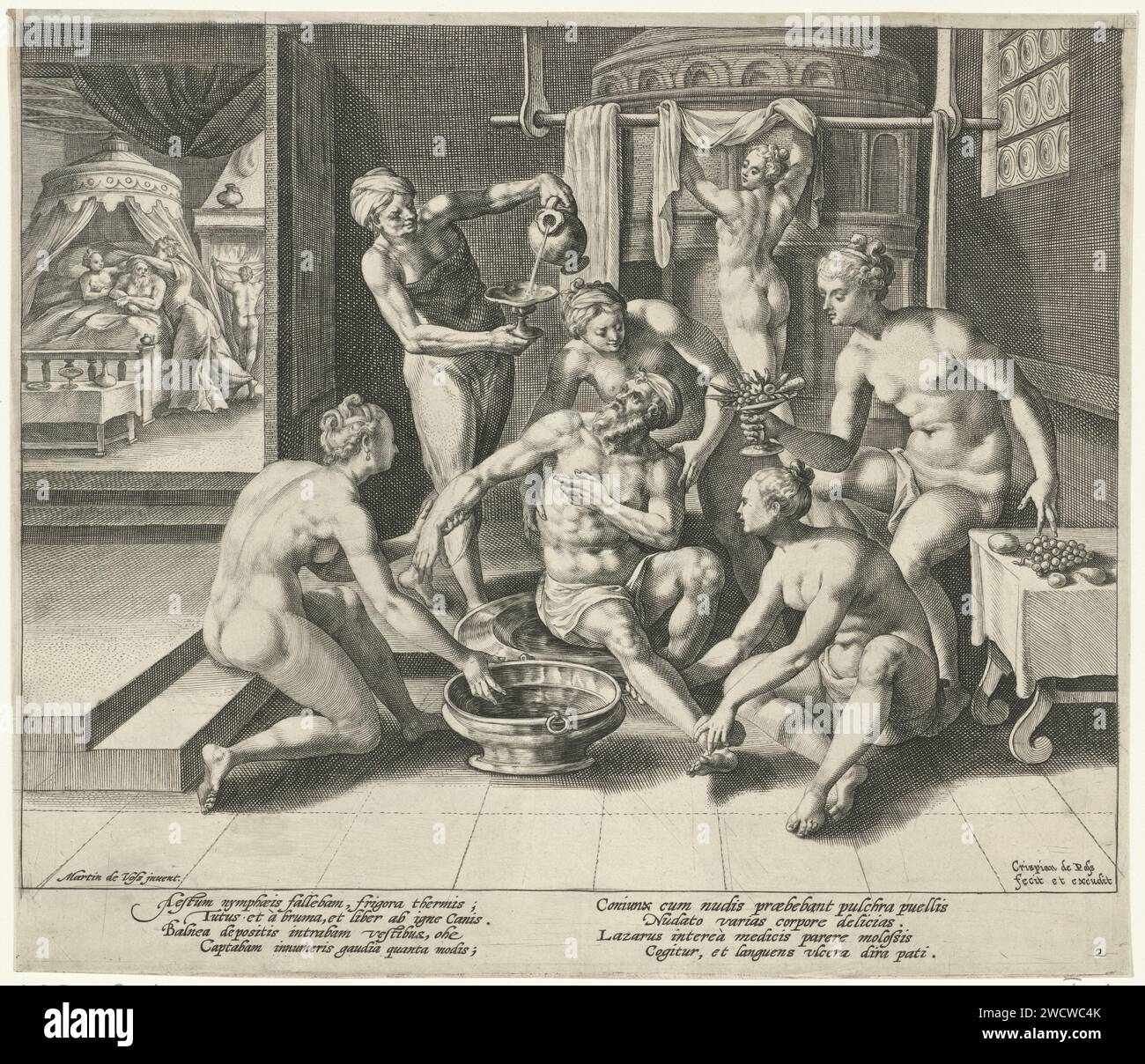 The rich man in the bath, Crispijn van de Passe (I), After Maerten de Vos, 1589 - 1611 print Depart with the rich man who is bathed. He is surrounded by women who help him bathe. He is put in bed in the background. Print from a series of four with the parable of the rich man and the poor Lazarus. Cologne paper engraving the rich man (Dives) is feasting, while poor Lazarus is starving at the gate (dogs licking Lazarus' sores) (Luke 16:19-31). taking a bath Stock Photo