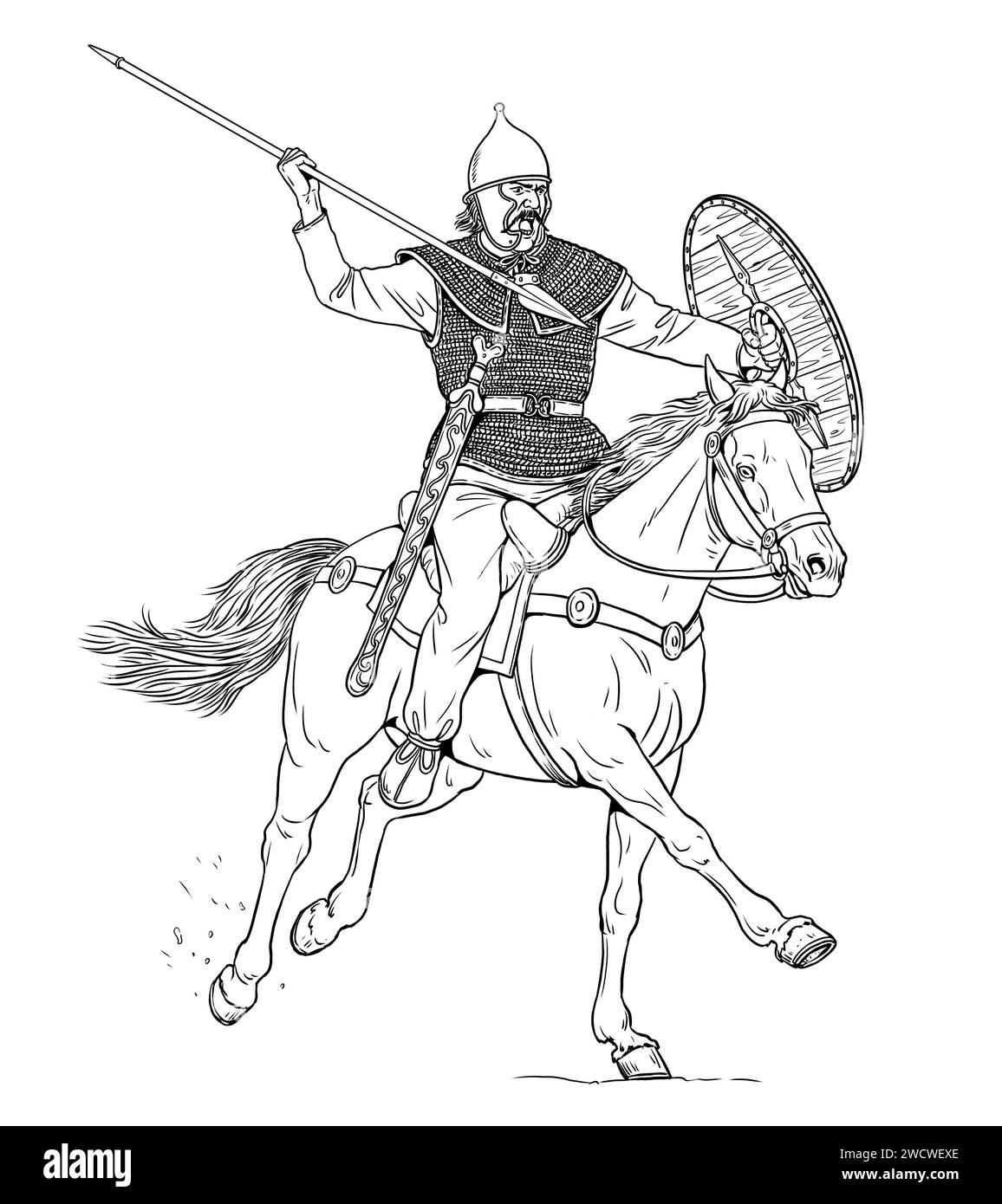 Gallic rider on the attack. Historical hand drawing. Stock Photo
