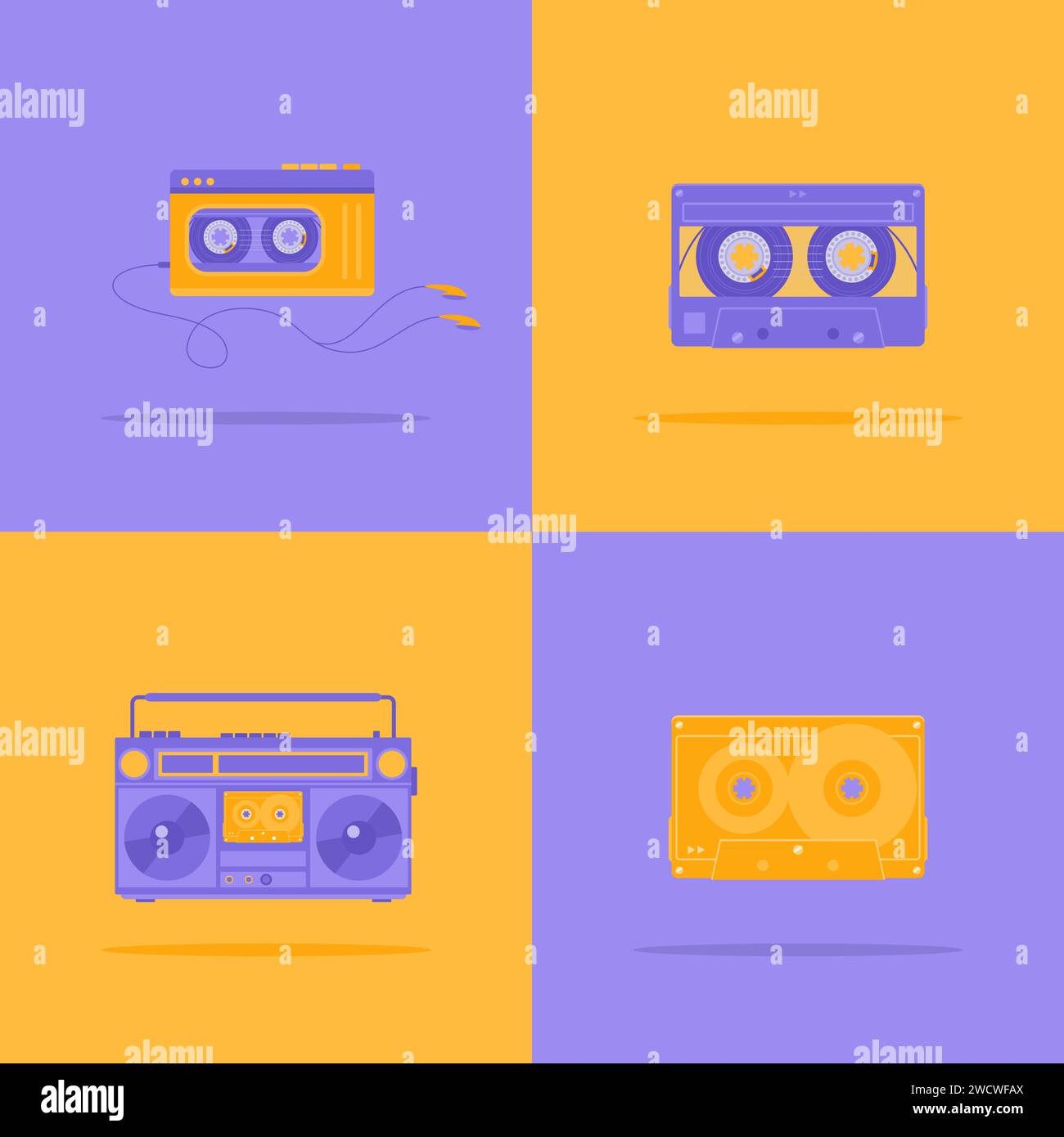 A set of purple and yellow boombox, audio player and audio cassette. Flat vector illustration Stock Vector