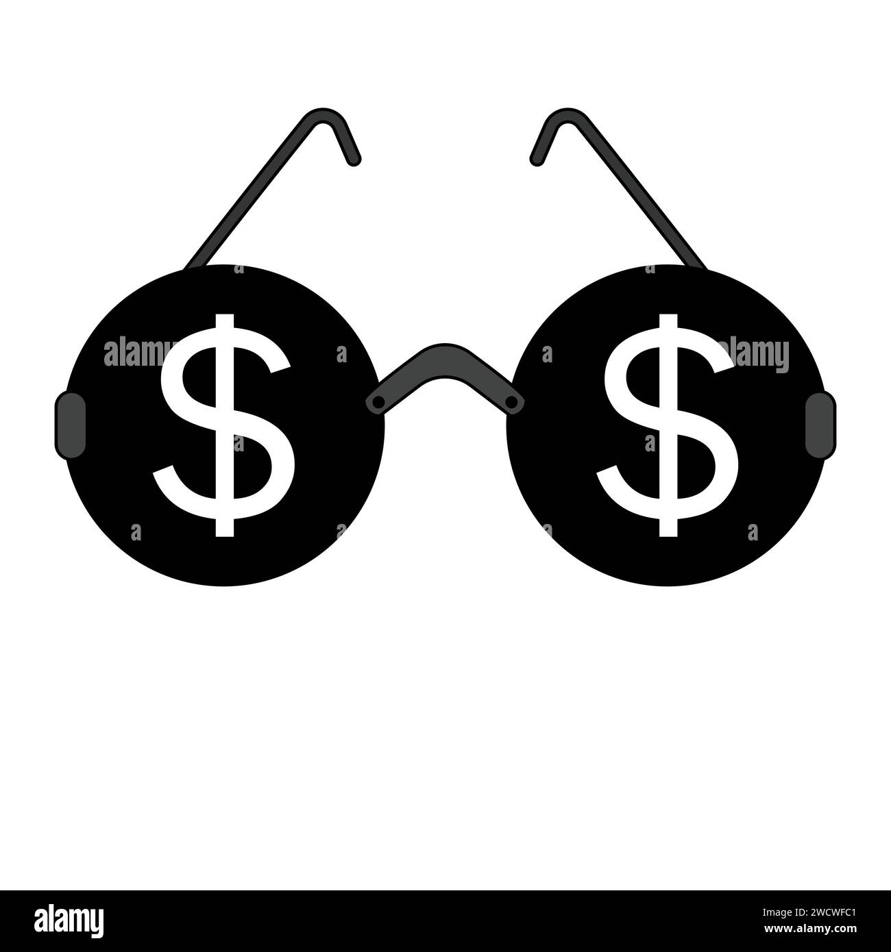 Black round glasses with two dollar signs. Vector illustration, icon isolated on white background. Stock Vector