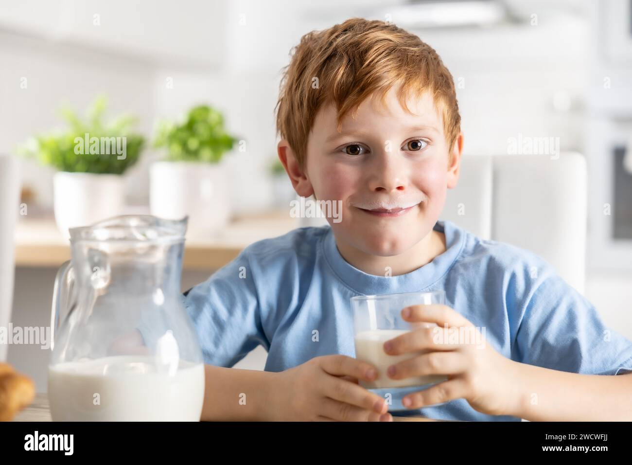 Portrait of a little boy who drank milk and has a mustache from him. Stock Photo