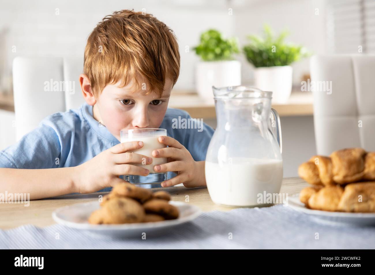 Cute boy drinks fresh milk for breakfast. Stock Photo