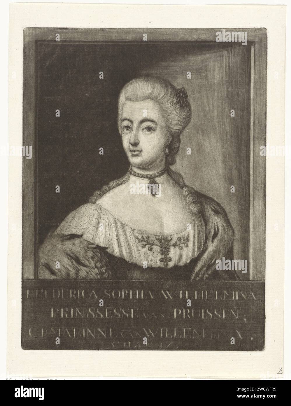 Portrait of Wilhelmina van Prussia, Rienk Jelgerhuis, 1770 print Frederika Sophia Wilhelmina, princess of Prussia, wife of Prince Willem V. Leeuwarden paper etching Stock Photo