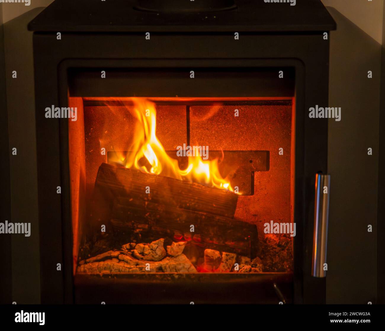 Log burner with burning logs through the glass door Stock Photo