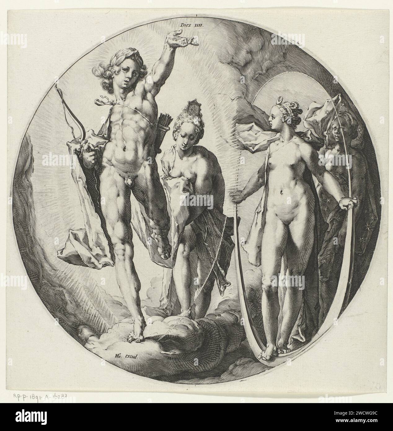 Fourth day of creation: creation of sun, moon and stars, Jan Harmensz. Muller, after Hendrick Goltzius, 1589 print The fourth day of creation, on which the sun and the moon were created and divorce was applied between day and night. The sun is depicted by Apollo as a sun god with bow and arrow case. The time, with a clock on her head, holds his cloak. On the right the moon, like the moon goddess Diana. Behind her a black woman with star mantle as a personification of the stars. To the Bible text in Gen. 1: 14-19. print maker: Amsterdampublisher: Haarlem paper engraving creation of sun, moon an Stock Photo