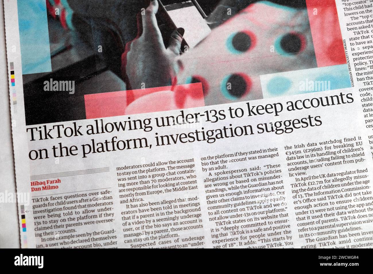 'TikTok allowing under-13's to keep accounts on the platform, investigation suggests' Guardian newspaper children headline  19 December 2023 London UK Stock Photo