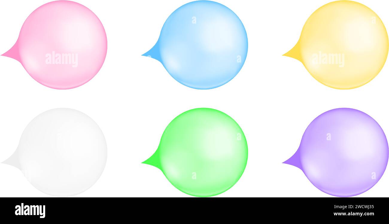 Set of inflated bubble gums. Pink, blue, yellow, white, green, purple