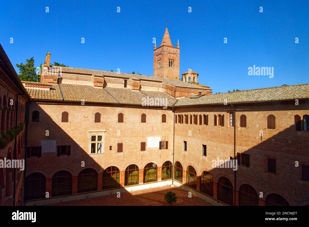 Italy, Tuscany, Siena countryside, Crete Senesi, town of Asciano, Chiusure, Monte Oliveto Maggiore Benedictine Abbey (Abbazia di Monte Oliveto Maggiore) Stock Photo