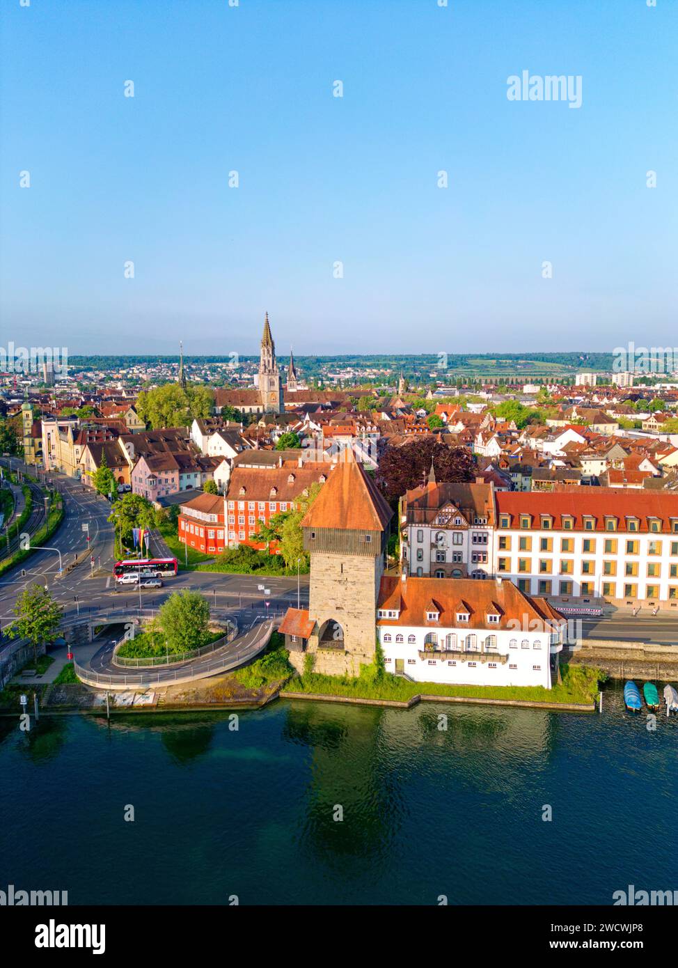 Germany, Bade Wurttemberg, Lake Constance (Bodensee), Konstanz, Rheintorturm (Rhine tower) and Cathedral (Münster) Stock Photo