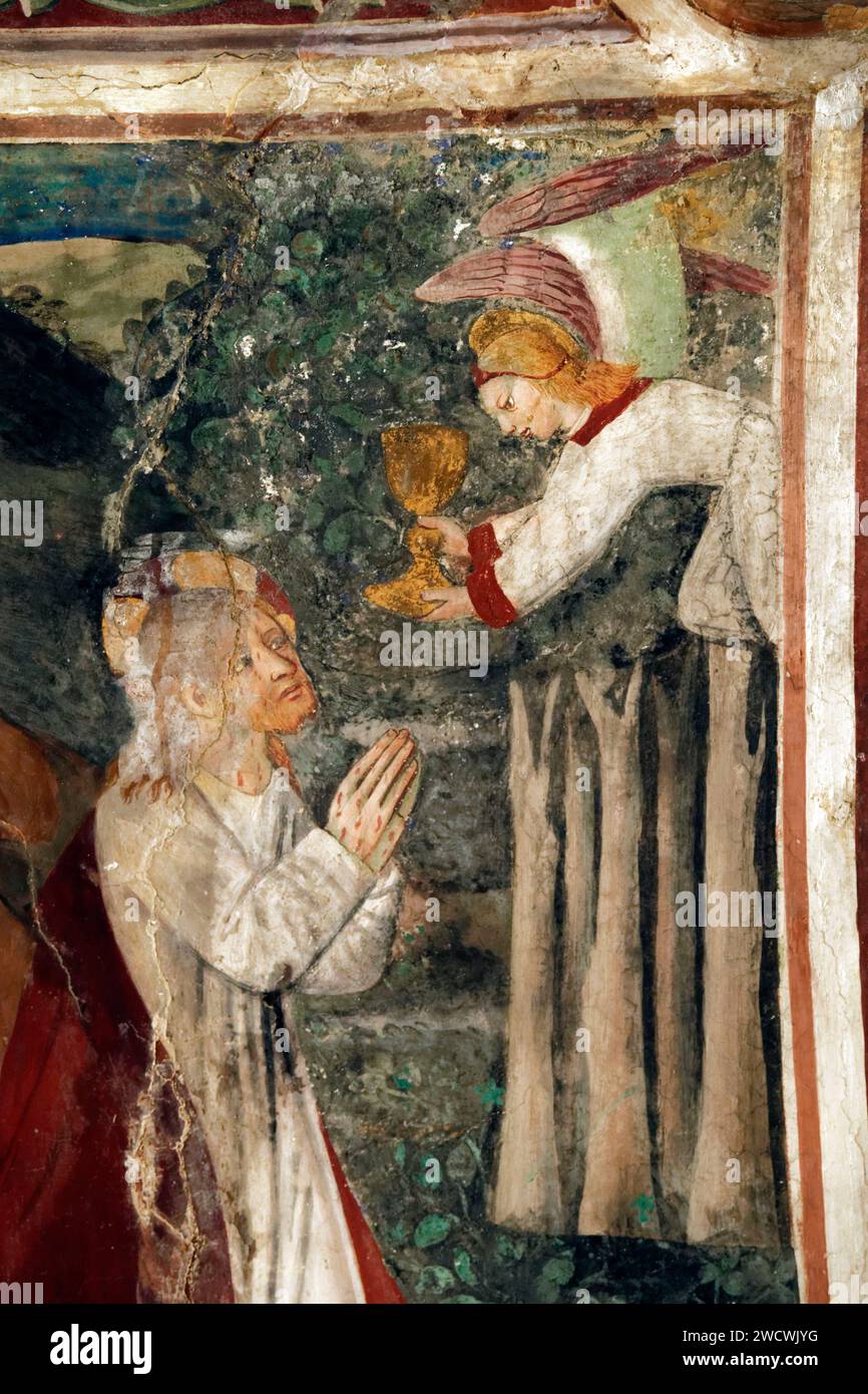 France, Alpes Maritimes, the hilltop village of Peillon, Nice hinterland, the chapel of White Penitent, frescoes by the painter John (Giovanni) Canavesio dating from 1495 Stock Photo
